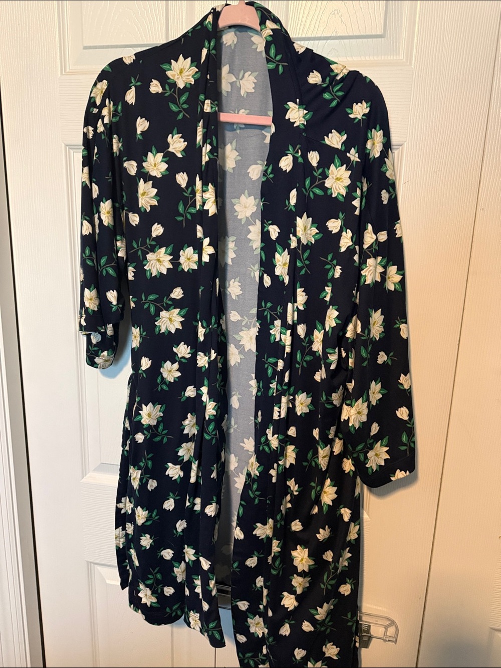Draper James Black Floral Open-Front Robe with White & Green Blossoms